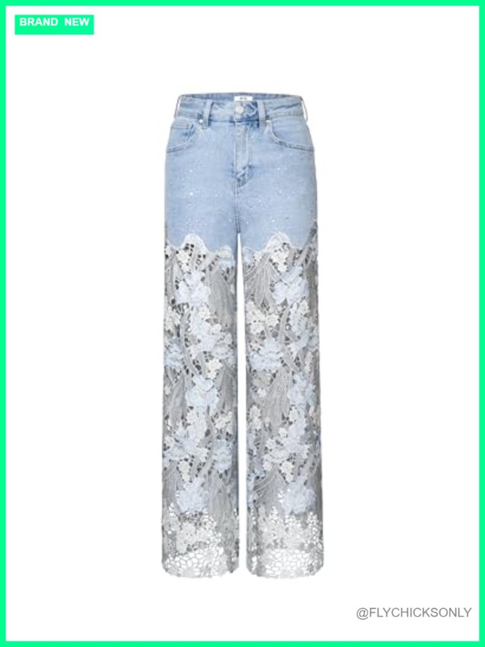 Embroidery High Rise Wide Leg Lace Denim Jeans with Rhinestone